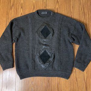 Saxony Mens Large Vintage Genuine Leather Wool Geometric Pattern Sweater‎